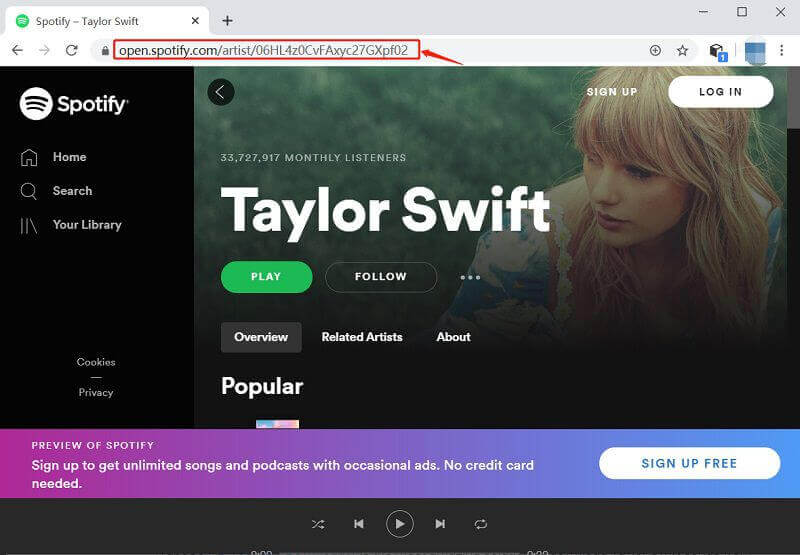 Copiare l'URL della musica o della playlist da Spotify